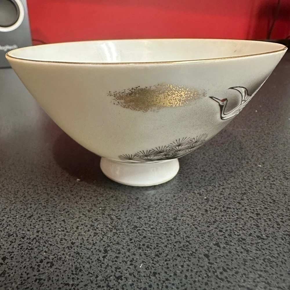 Vintage Porcelain Japanese Rice Bowl Red Crowned Crane Design 4.5 Inch Round